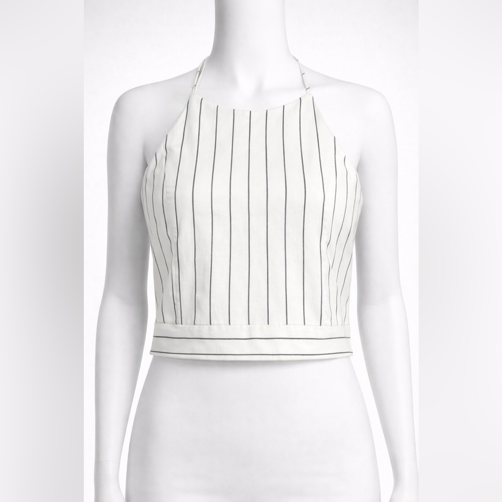 Dynamite Off- White & Black Striped Halter Crop Top – Open Back, Size M